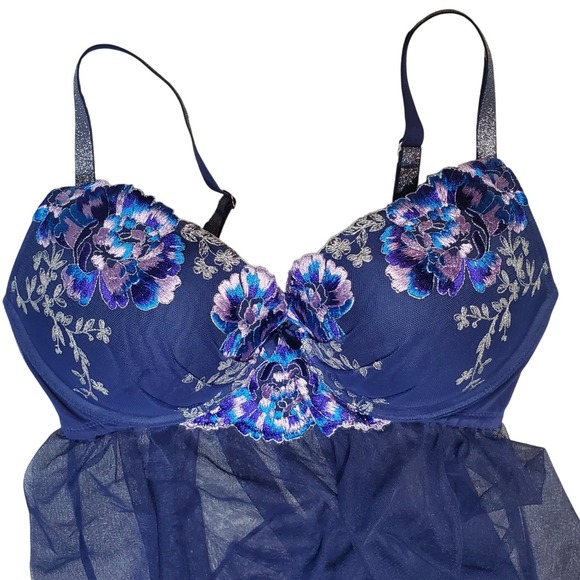 Victoria's Secret Navy Blue Floral Embroidered Babydoll Cami Top Y2K 36D - Picture 3 of 11